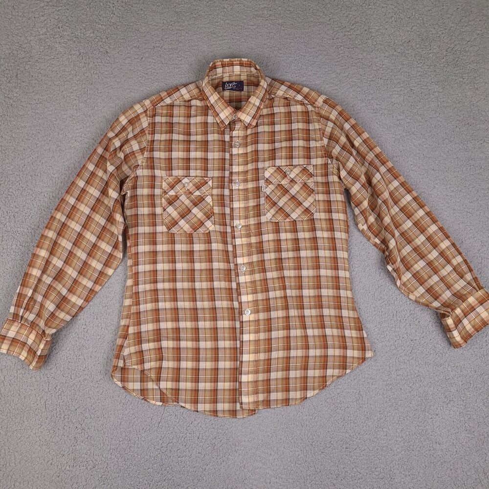 Vintage Levi's Shirt Mens Large Brown Plaid Tapered Fit Button Up Long Sleeve